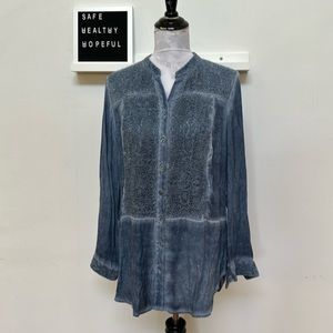 Chico’s Blue Ombré Cotton Blend Lace Pigment Long Sleeve Shirt